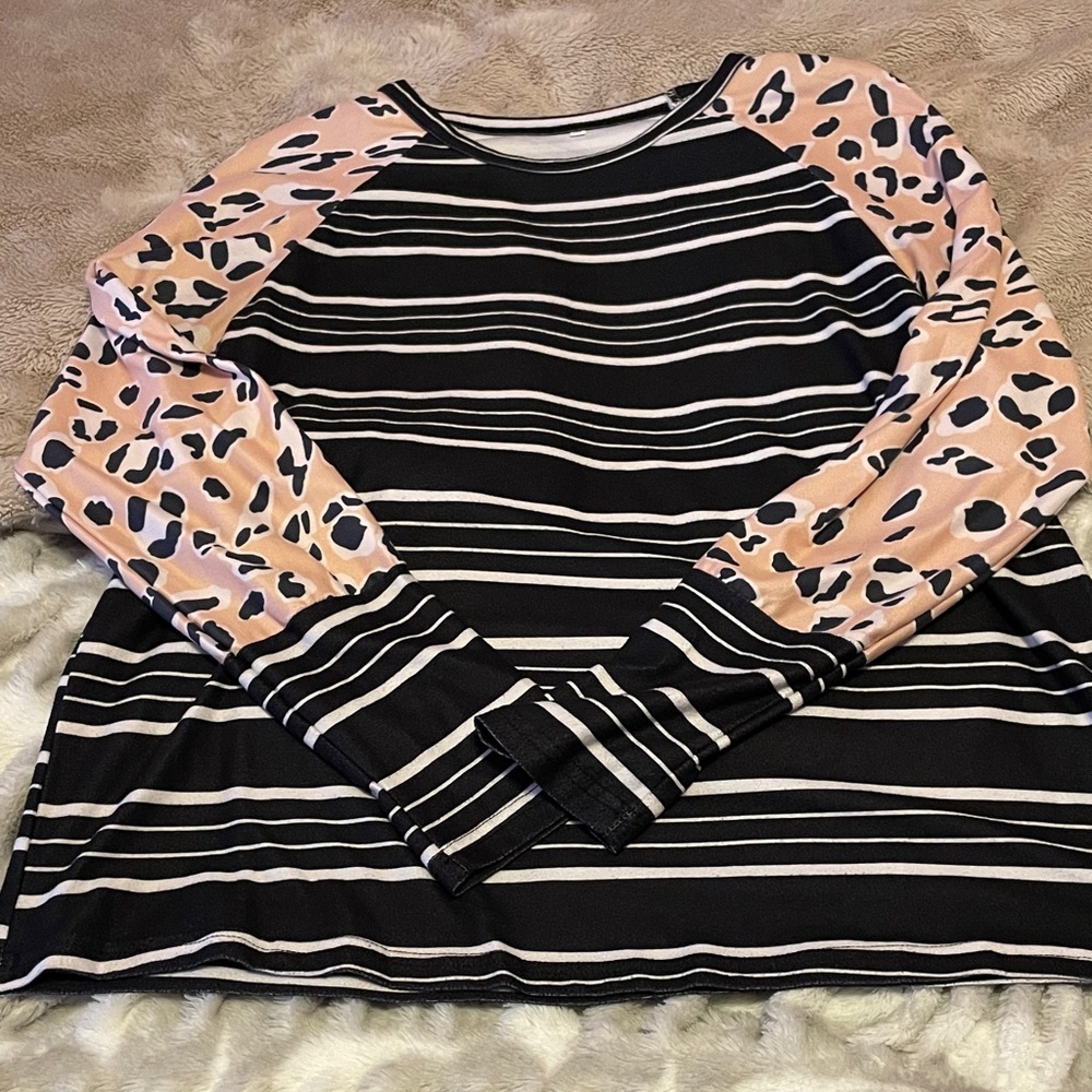 Striped and Leopard Print Long Sleeve Top